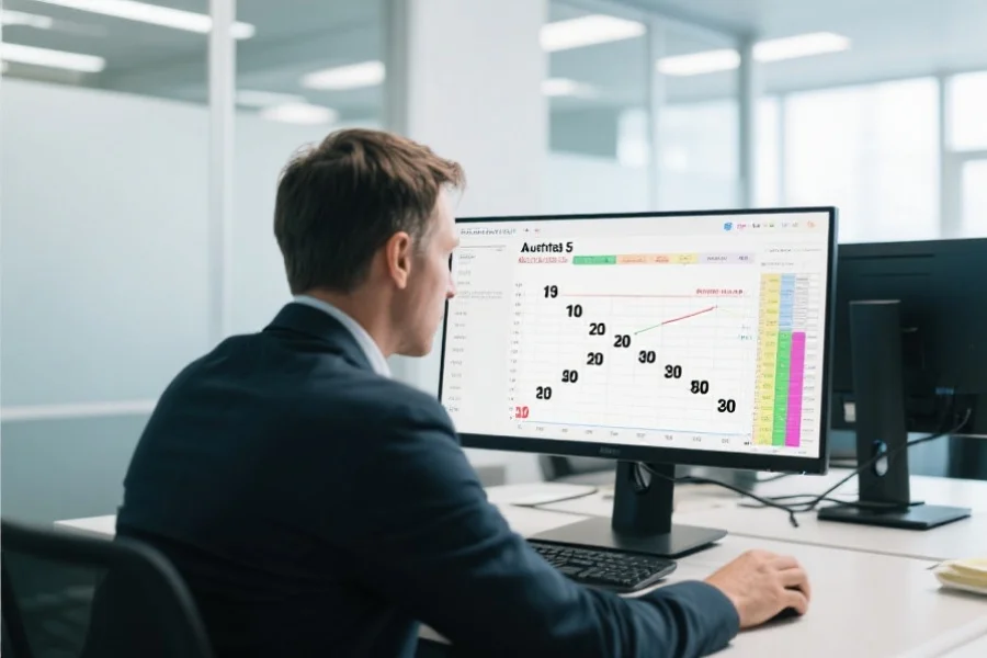 一位分析师在电脑前认真研究澳洲幸运5号码走势图与数据统计，背景是整洁的办公环境